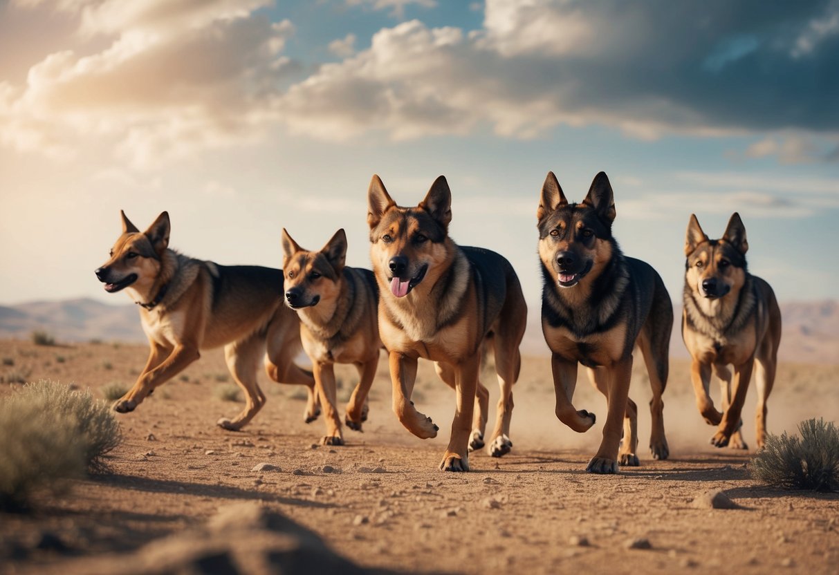 A pack of prehistoric dogs roams an ancient landscape, their unique features hinting at the diversity of extinct canine species