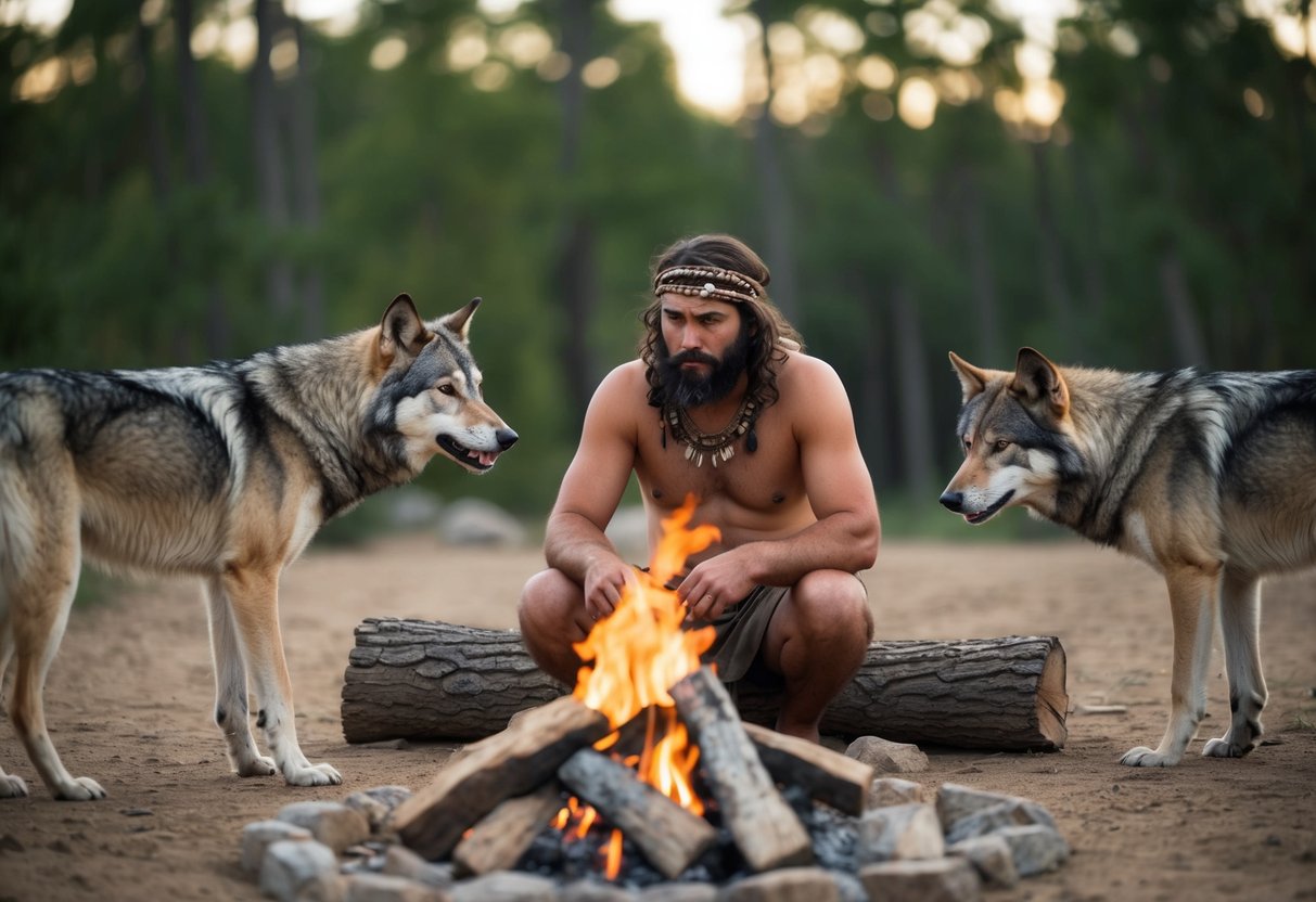 A caveman sits by a fire, surrounded by wolves. One wolf approaches, showing signs of domestication