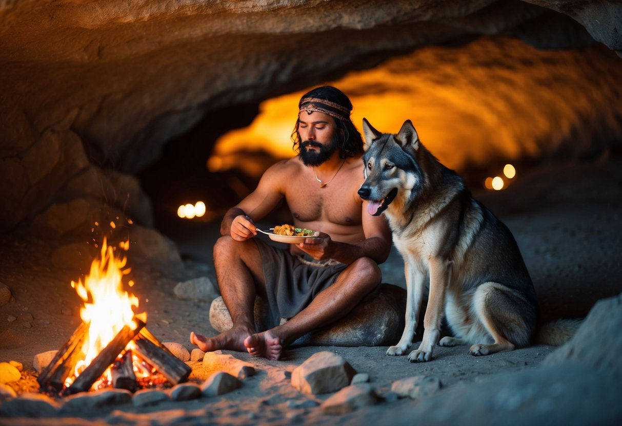 A caveman and a wolf-like dog sit together by a fire, sharing food and warmth in a cave