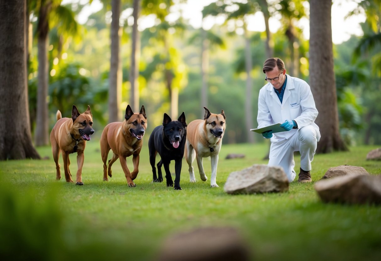 A pack of ancient dogs roamed a lush forest, while a scientist studied fossils to prevent future extinctions