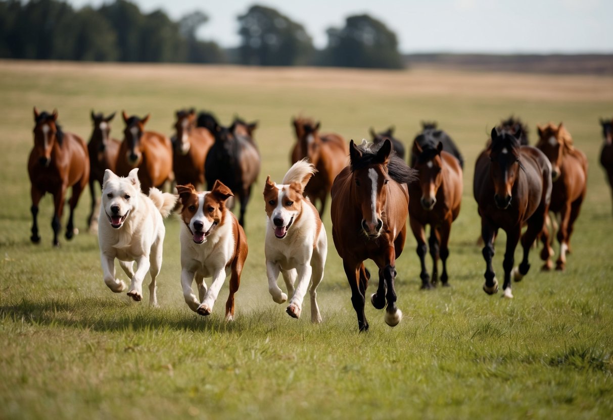 Dogs chase a herd of wild horses across a grassy plain