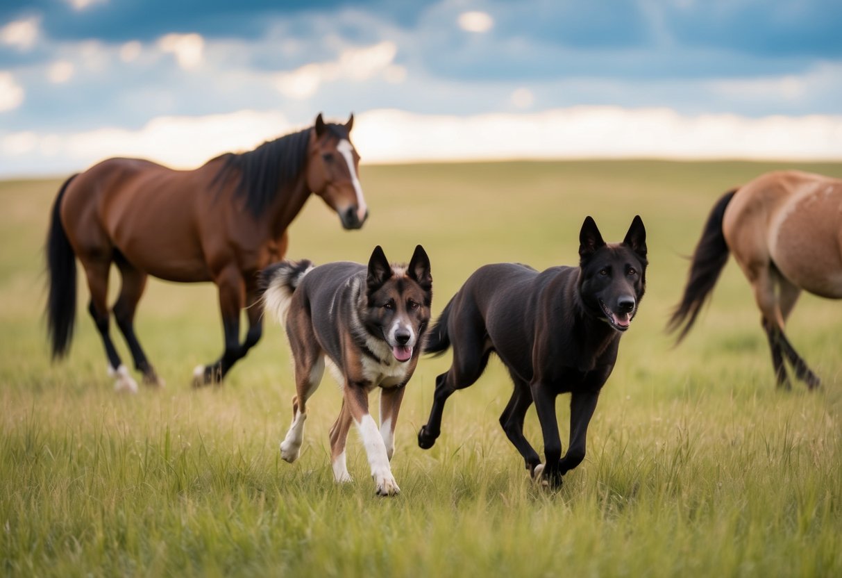 Early canines roaming grassy plains alongside wild horses