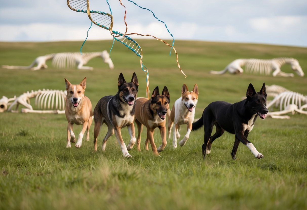 A pack of ancient dogs roams through a grassy landscape, while horse skeletons lie scattered in the background. DNA strands intertwine between the two species