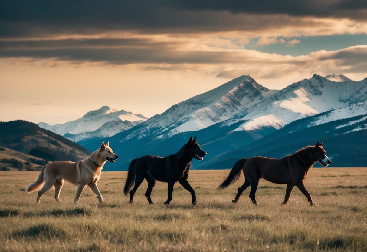 Dogs and horses roam across diverse landscapes, from grassy plains to snowy mountains, symbolizing the expansion of canines across continents