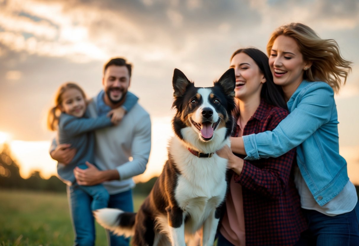 Laika the dog returns home, wagging her tail in excitement, as her owners embrace her with joy