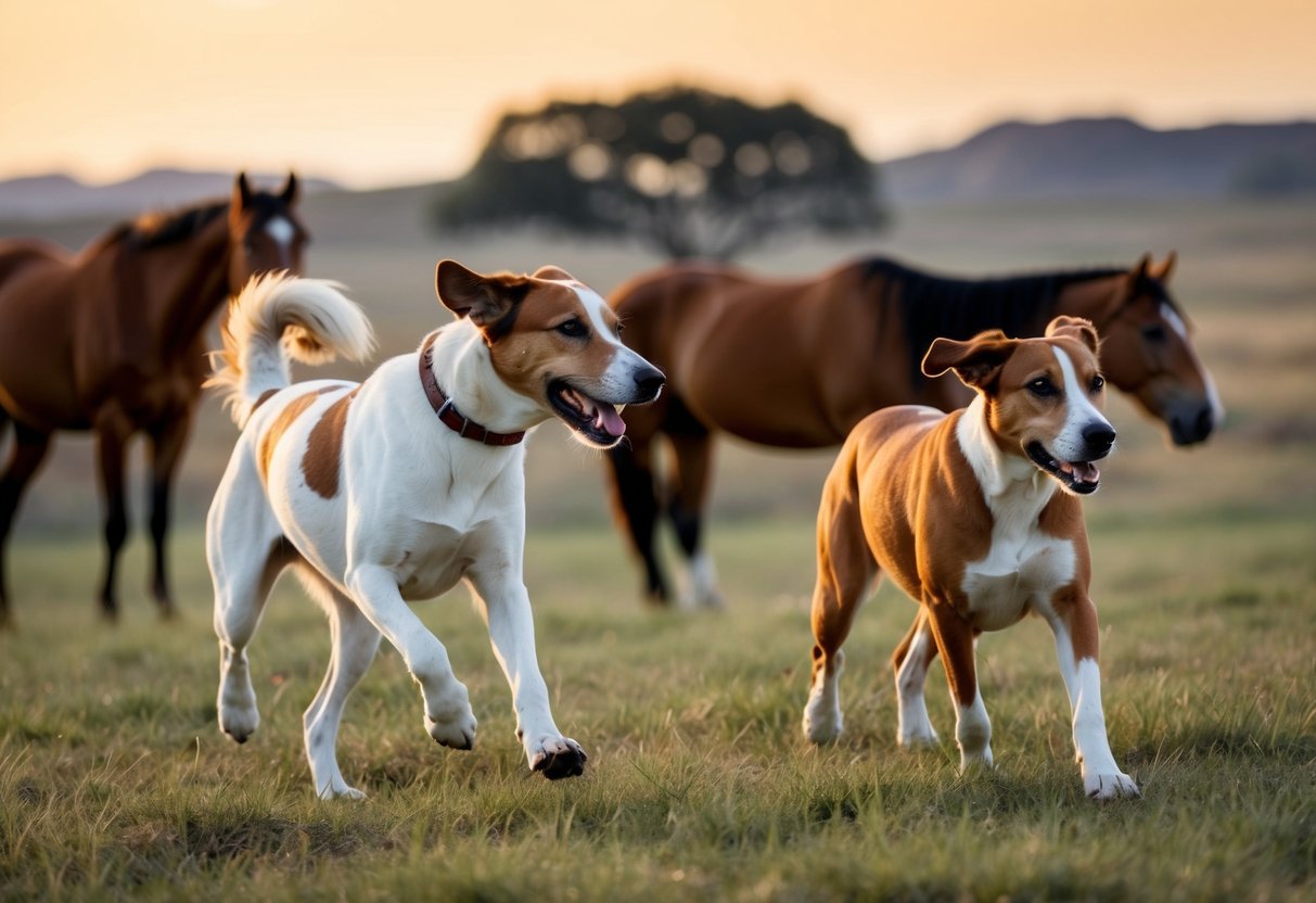Dogs and horses in a prehistoric setting, with early dog breeds hunting while horses graze nearby