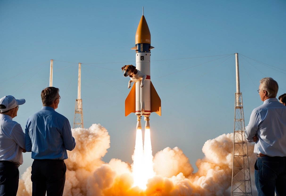A rocket launching with a dog inside, surrounded by scientists and onlookers