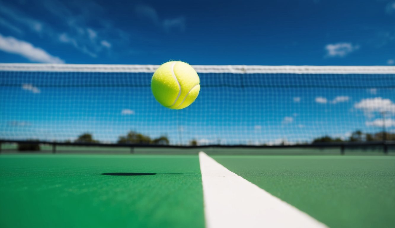 Sebuah bola tenis memantul di lapangan hijau yang cerah, dengan jaring membentang di tengah di bawah langit biru yang cerah