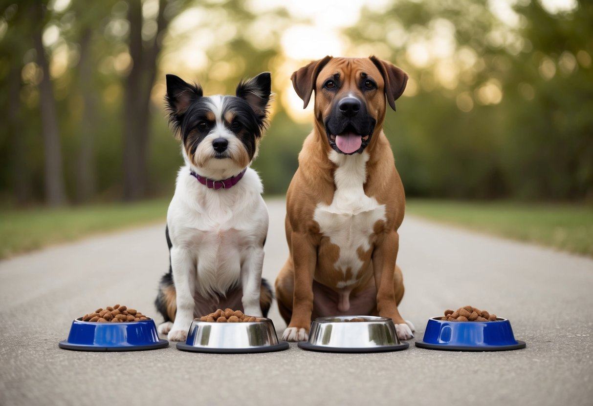 A small and large dog sit side by side, surrounded by a variety of dog toys and bowls of food