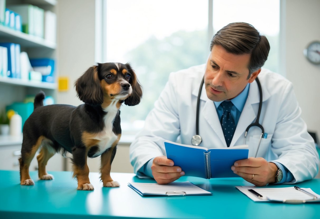 A small dog and a large dog standing side by side, with a veterinarian examining their health records and discussing their respective lifespans