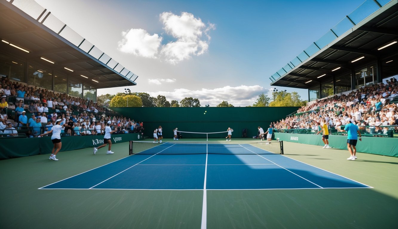 Sebuah lapangan tenis dengan jaring, dikelilingi oleh penonton dan pemain yang sedang beraksi