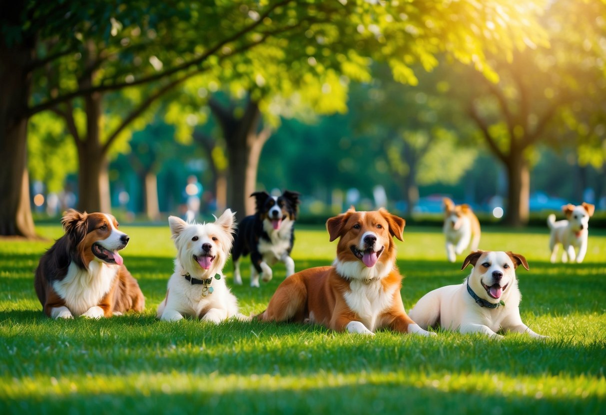 A serene park with lush greenery and a variety of dogs of different sizes playing and lounging in the sun