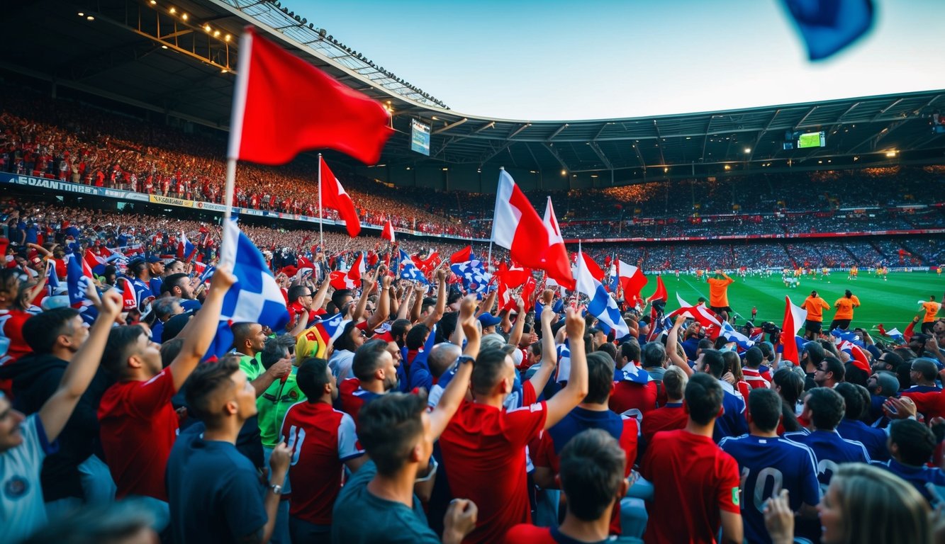 Sebuah stadion sepak bola yang ramai dengan penggemar bersorak dan melambaikan bendera