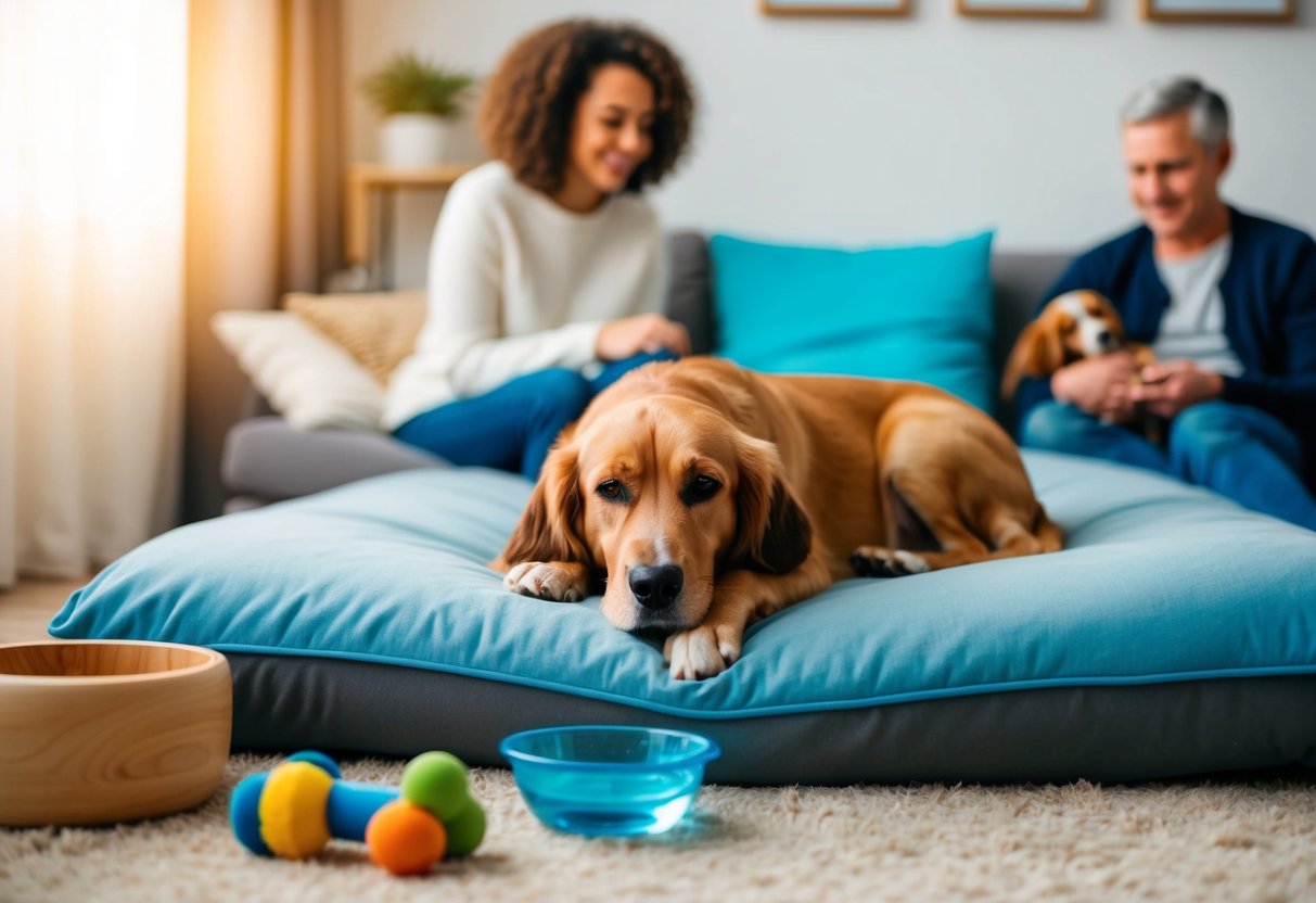 A senior dog peacefully resting on a cozy bed surrounded by toys and a bowl of water, with a loving family member nearby