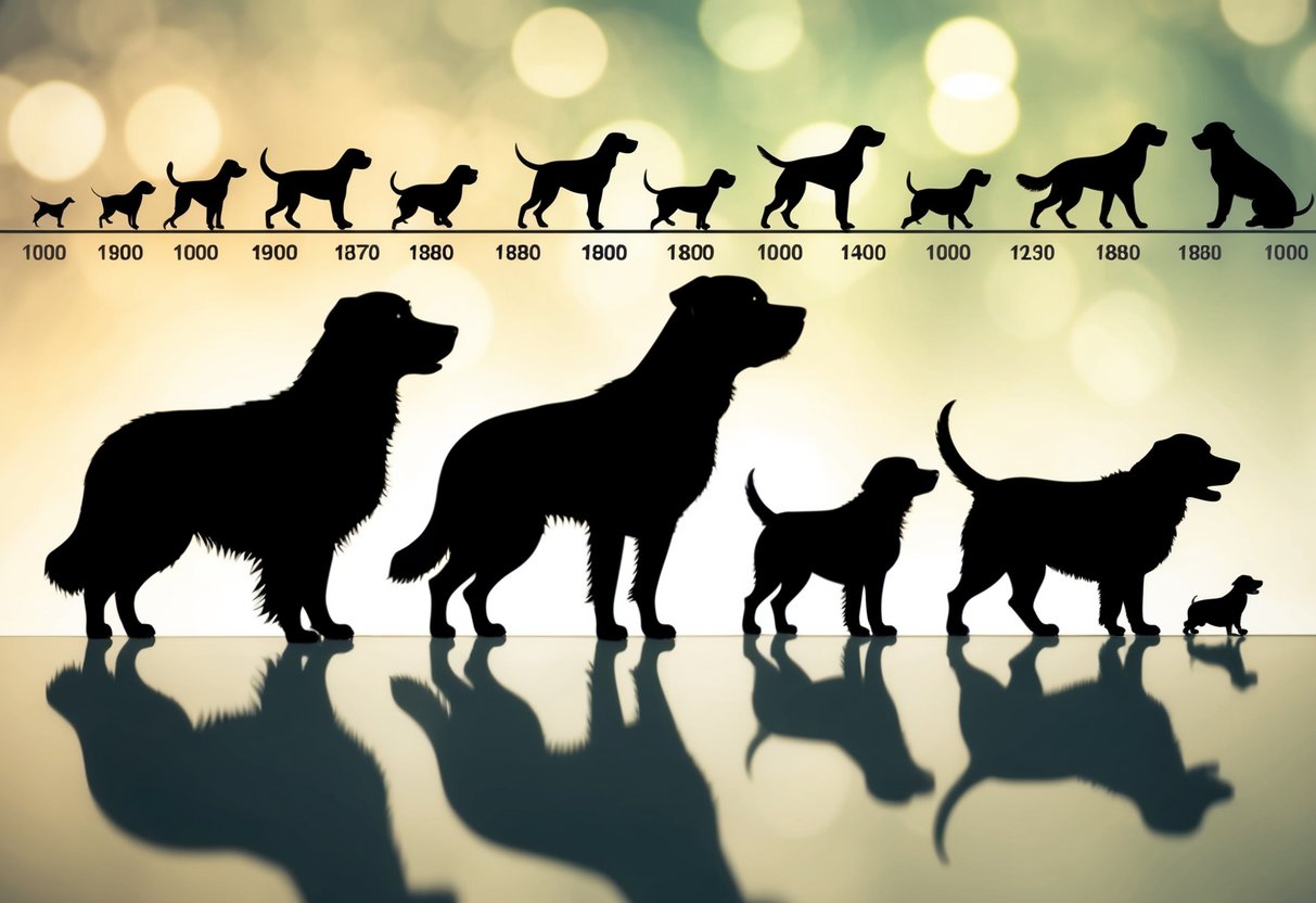 A series of dog silhouettes, gradually increasing in size, leading to a small and a large dog side by side, with a timeline in the background showing the evolution of dogs