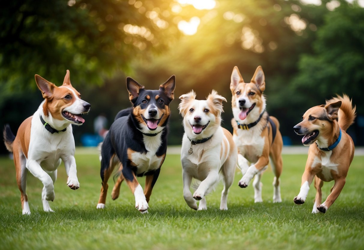 A group of dogs of various breeds and ages playing in a park, with a mix of boy and girl dogs interacting happily