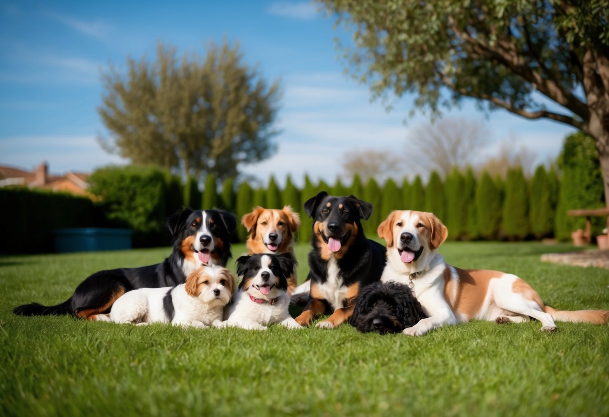 A group of dogs of various breeds and sizes, playing and resting in a lush, green backyard surrounded by trees and a clear blue sky