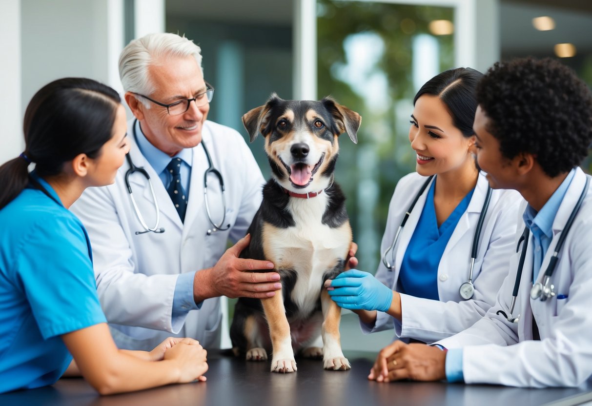 A happy, elderly dog surrounded by a caring veterinarian and a team of healthcare professionals discussing management factors for a longer life