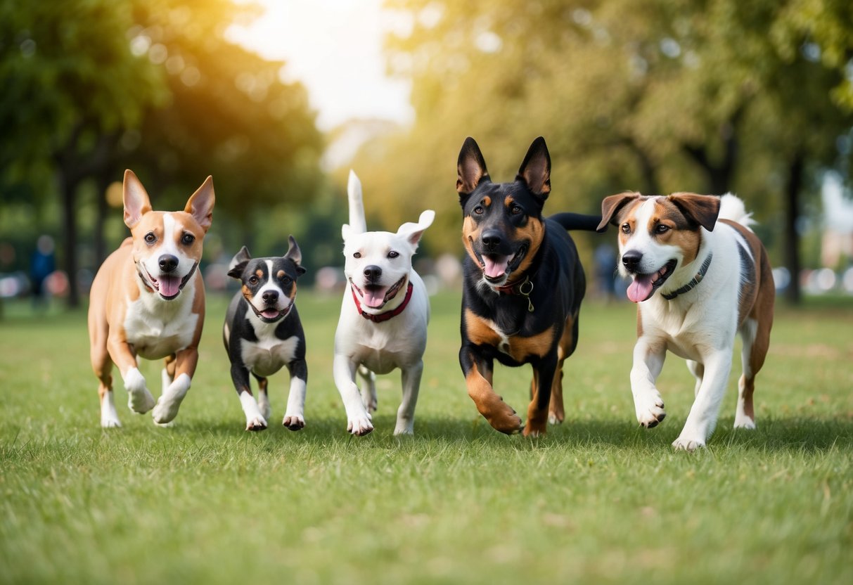 A group of boy and girl dogs of different breeds playing in a park, with a mix of older and younger dogs to illustrate the concept of breed influence on longevity