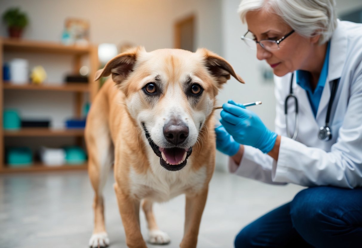 An elderly dog with cloudy eyes and stiff joints struggles to walk, while a vet examines its teeth and checks its heart rate
