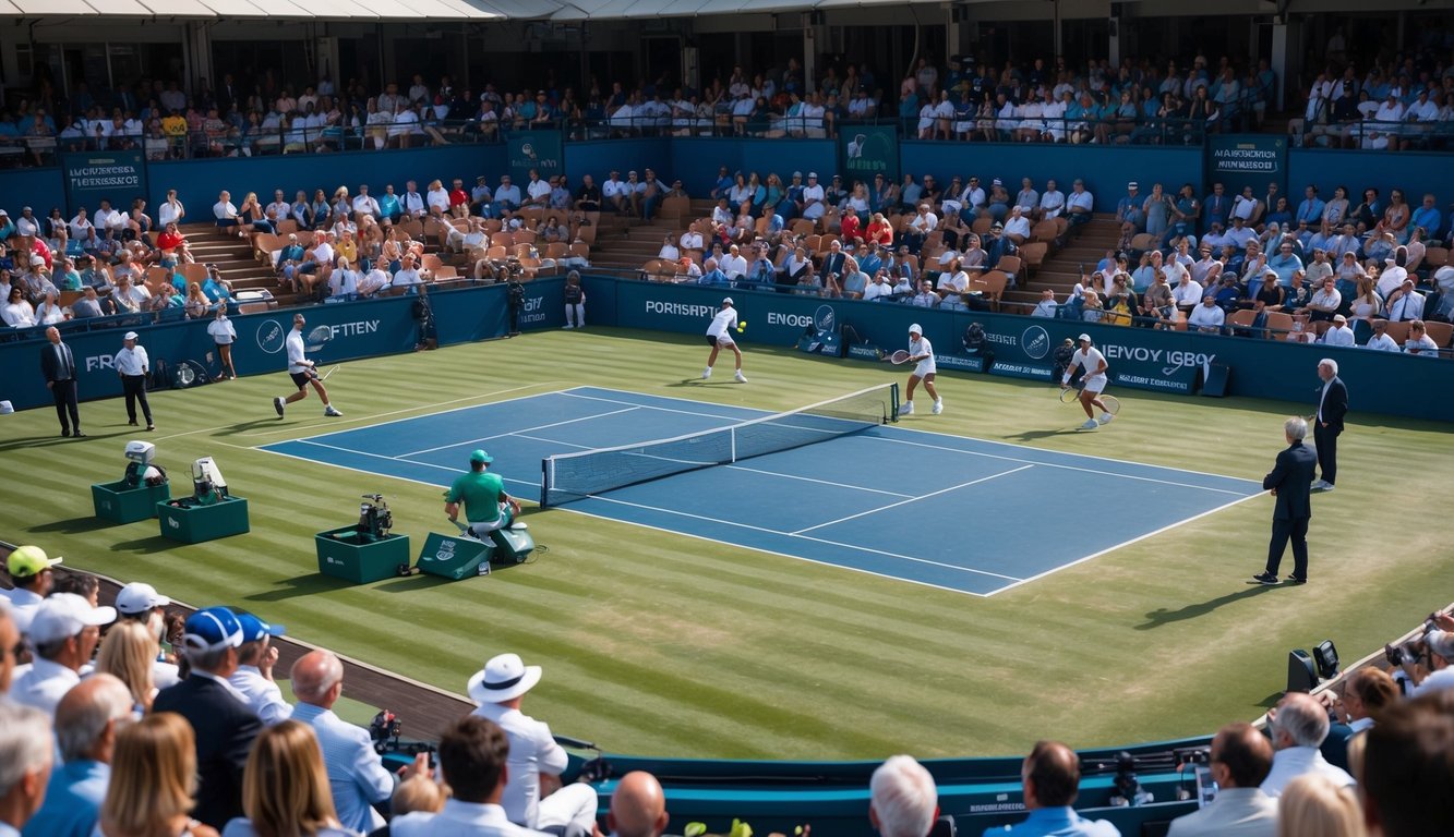 Sebuah lapangan tenis dengan pemain yang sedang beraksi, dikelilingi oleh penonton dan pejabat