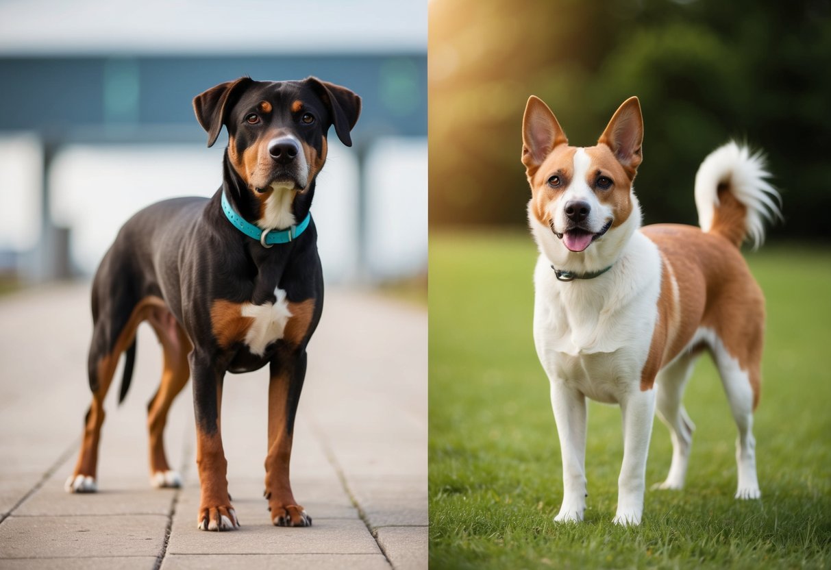 A male and female dog stand side by side, each with distinct health challenges. The male dog appears strong and robust, while the female dog exudes grace and elegance