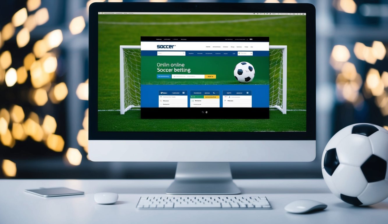 Sebuah layar komputer menampilkan situs web untuk taruhan sepak bola online, dengan bola sepak dan gawang di latar belakang