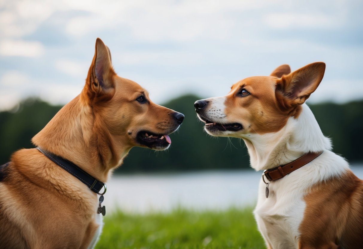 A dog watches as another dog receives attention and affection, its ears pinned back and eyes narrowed in a subtle display of jealousy
