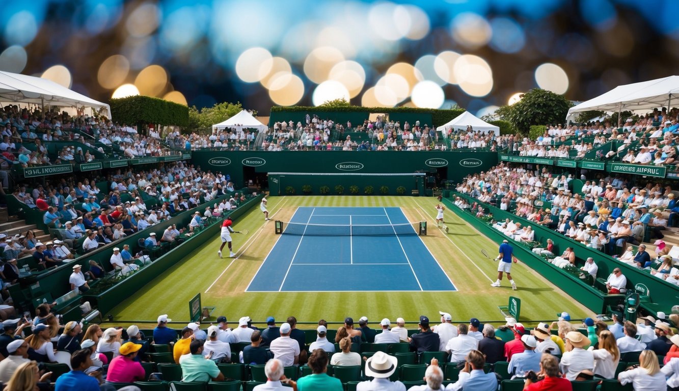 Sebuah lapangan tenis dengan jaring, dikelilingi oleh kerumunan penonton, dan pemain yang bersaing dalam turnamen Grand Slam