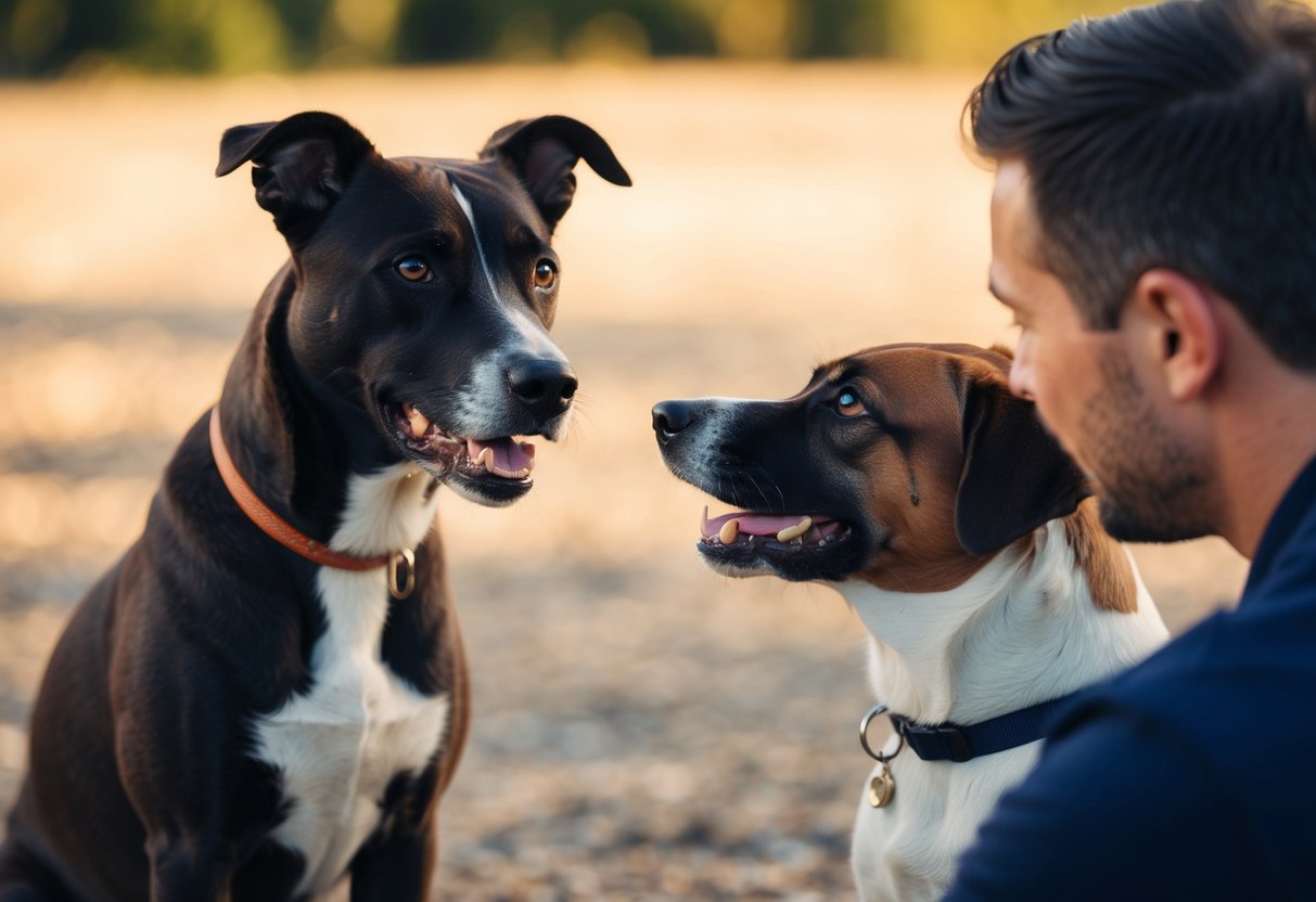 A dog glaring at another dog while the second dog receives attention from their owner