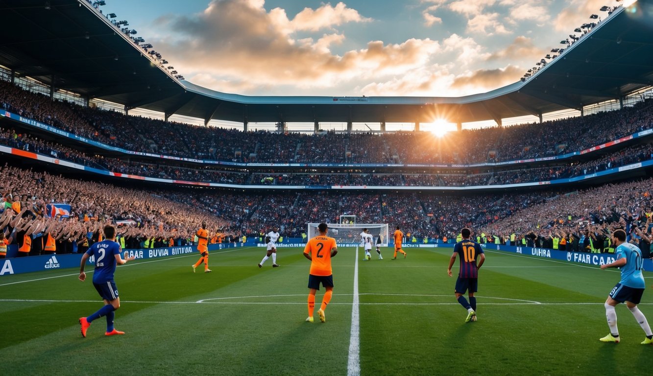 Sebuah stadion yang ramai dengan penggemar yang bersorak dan lapangan sepak bola dengan pemain yang sedang beraksi