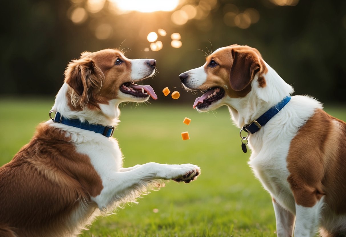 Two dogs playing together, one receiving praise and treats while the other watches attentively