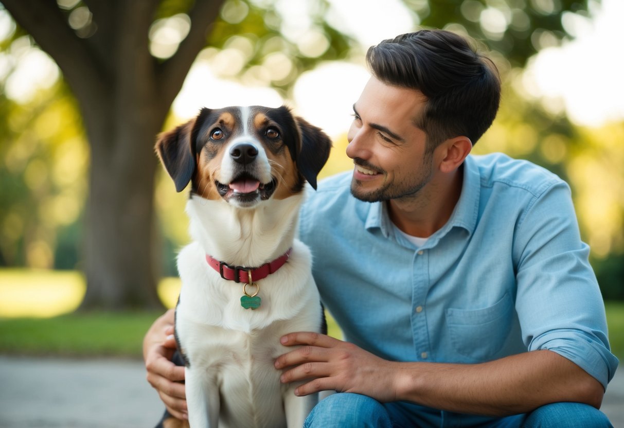 A dog sitting beside its owner, looking up with adoring eyes