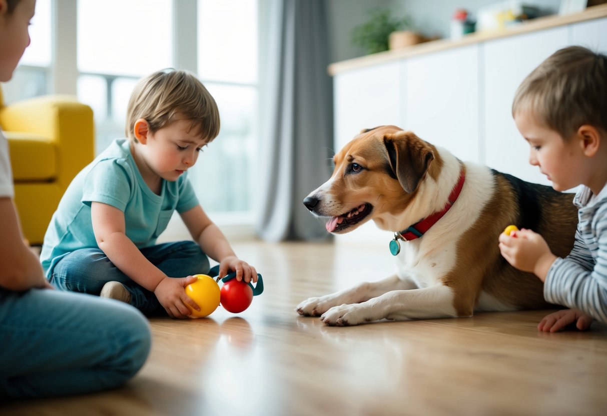 A dog watches as a child plays with a toy, while another child gives the dog attention. The dog looks on with a mix of curiosity and longing