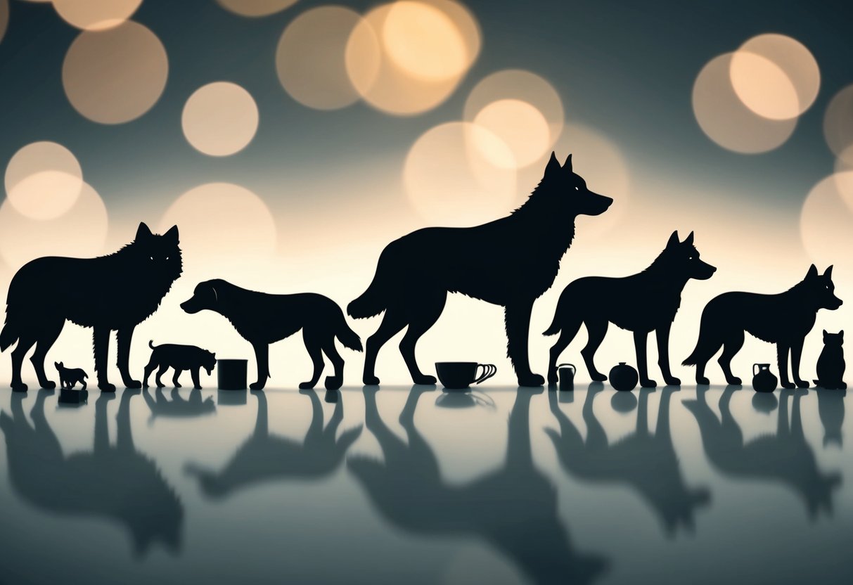 A series of dog silhouettes, ranging from wolf-like to modern breeds, surrounded by various objects representing human domestication