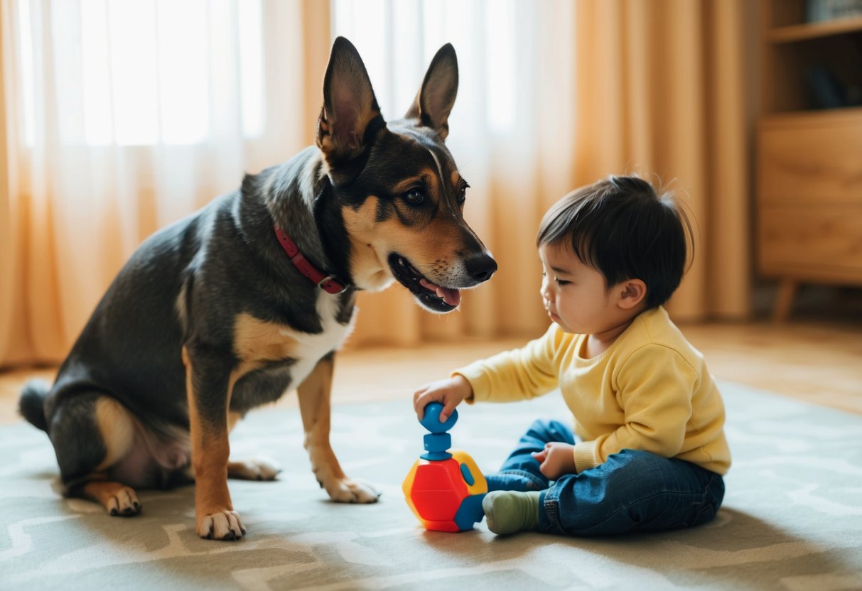 A dog watches a child playing with a toy, its ears pinned back and a tense expression on its face