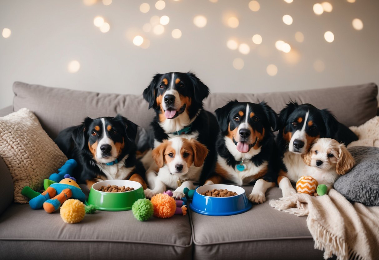 A family of dogs snuggled together on a cozy couch, surrounded by toys and blankets, with a bowl of water and food nearby