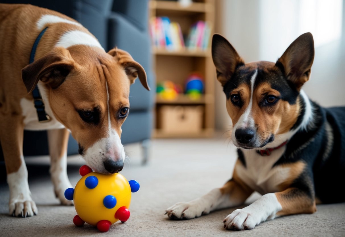 A dog stares possessively at a child's toy while another dog watches with a tense expression