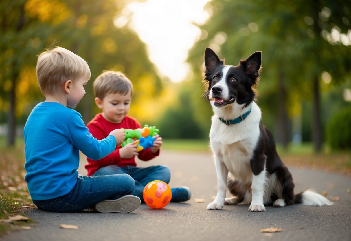 A dog watches as a child plays with a toy, while another child gives the dog attention. The dog's body language shows signs of jealousy