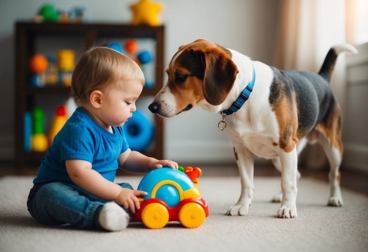 A dog gently nuzzles a toddler, standing watchfully as the child plays with a toy
