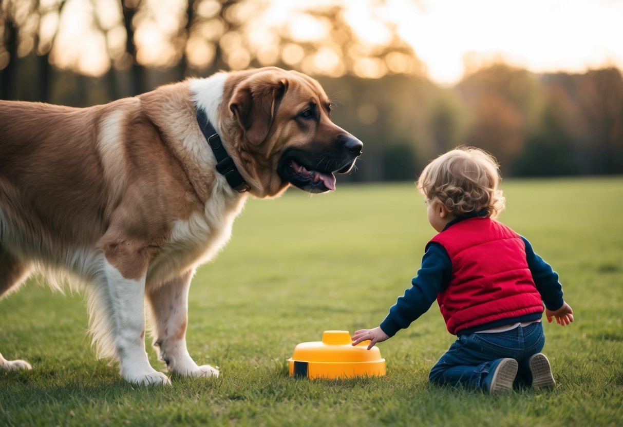 A large dog watches over a young child playing, keeping a safe distance and showing signs of caution and awareness