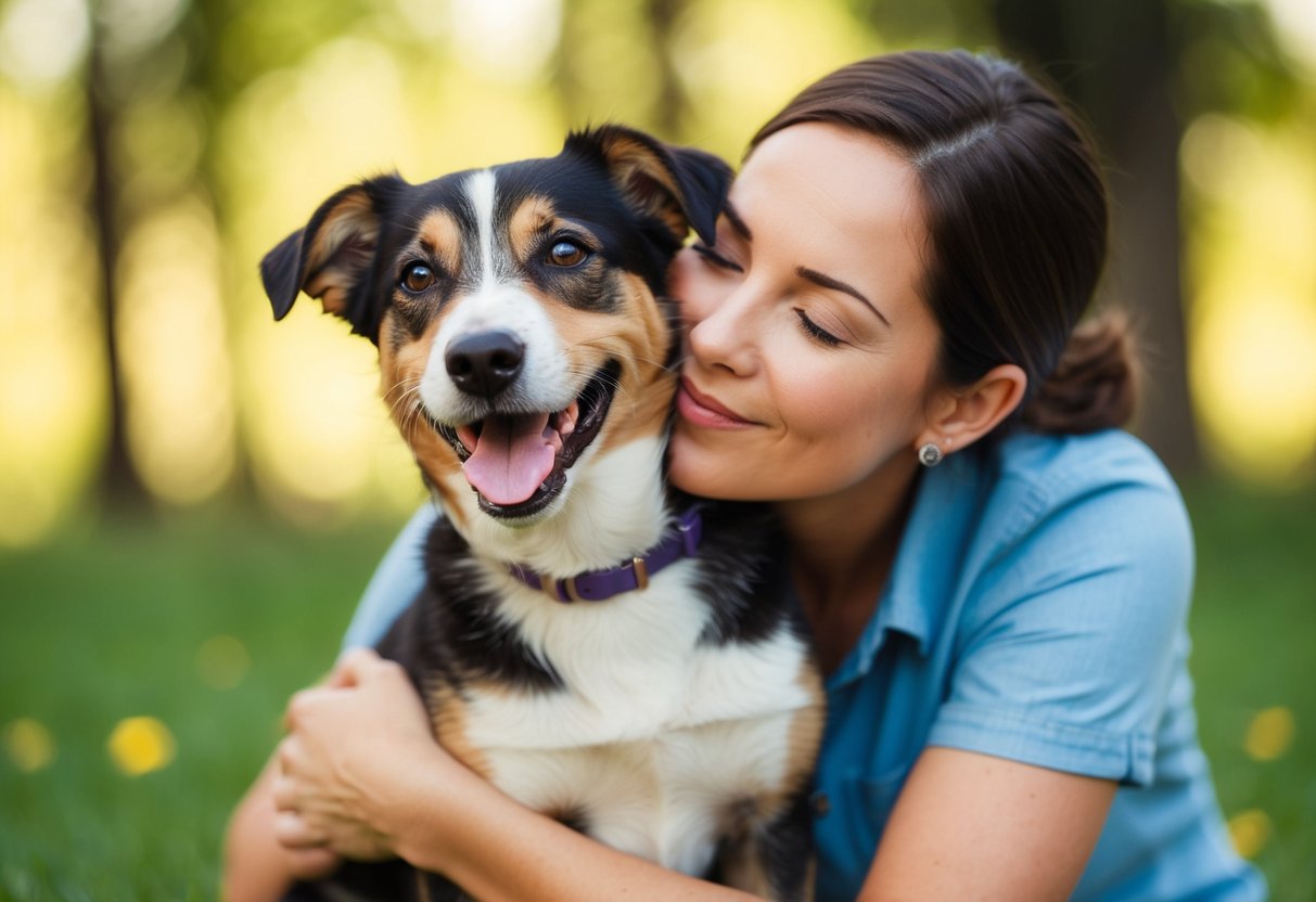 A happy dog wagging its tail while being gently hugged and kissed by its owner