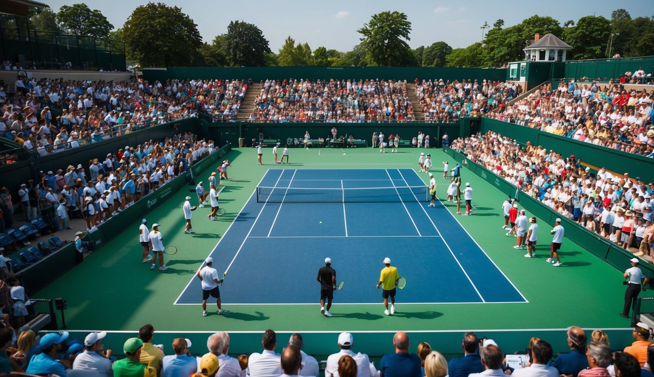 Lapangan tenis yang ramai dengan pemain dan penonton