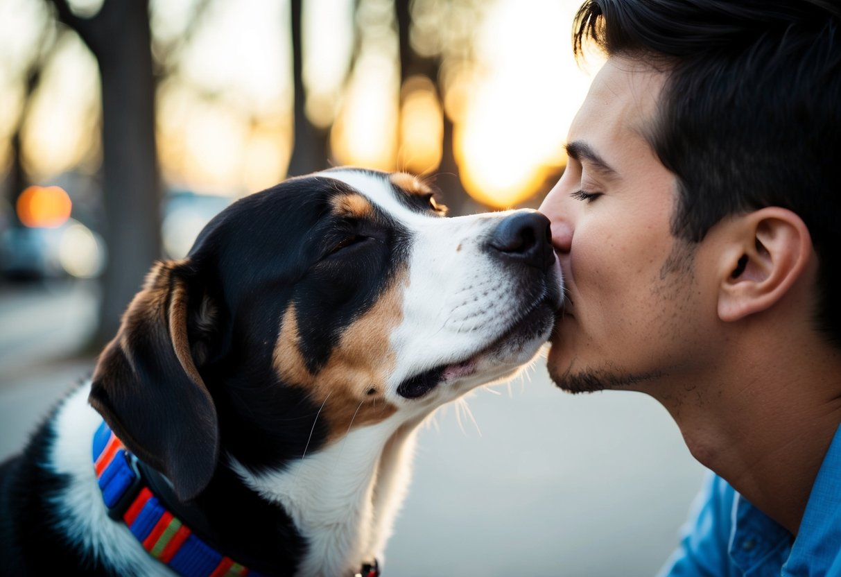 A dog tilting its head, eyes closed, as a person leans in for a kiss