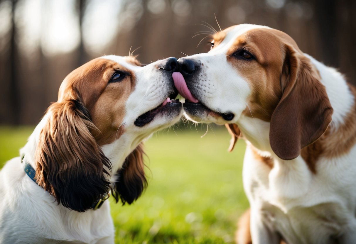 Two dogs nuzzling each other, one licking the other's face affectionately