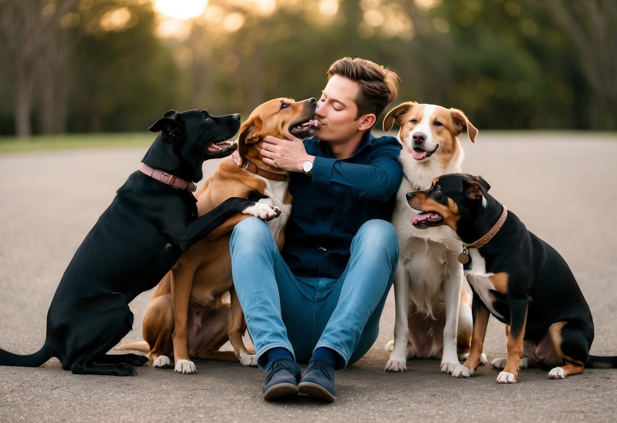A person sitting on the ground, surrounded by several dogs of different breeds, hugging and kissing them affectionately