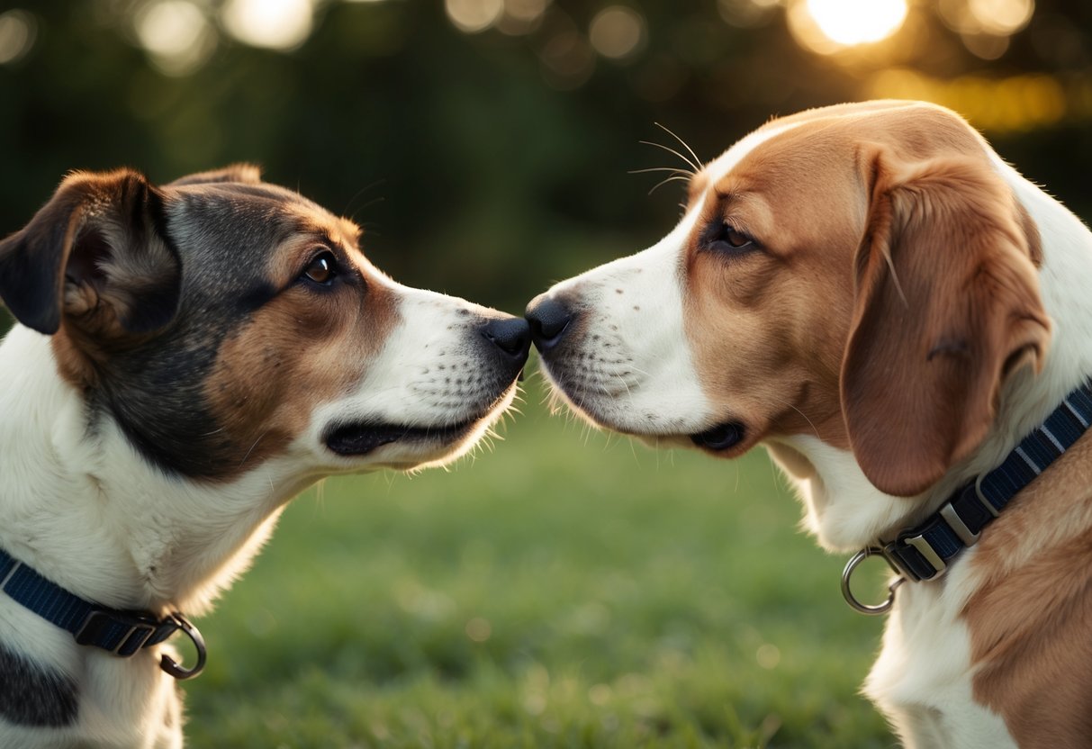 A dog nuzzles its nose against another dog's face, showing affection