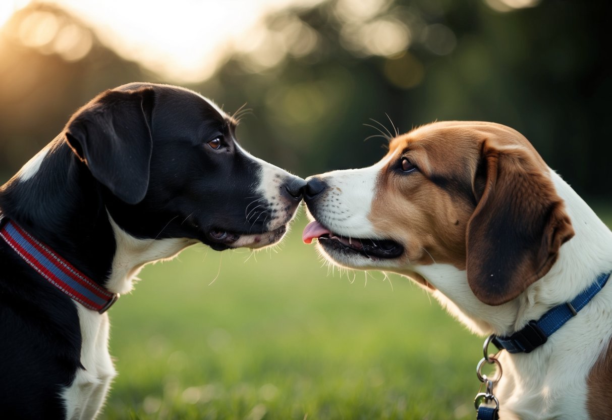 A dog nuzzles its nose against another dog's cheek, while the other dog licks its companion's ear in a display of affection