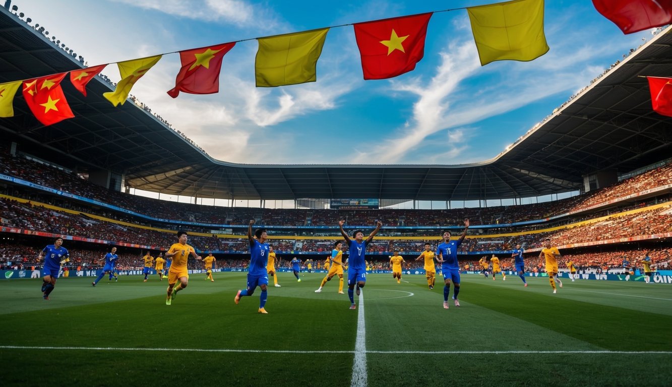 Sebuah stadion sepak bola yang ramai di Asia, dengan para penggemar bersorak dan melambaikan bendera saat para pemain berkompetisi di lapangan.