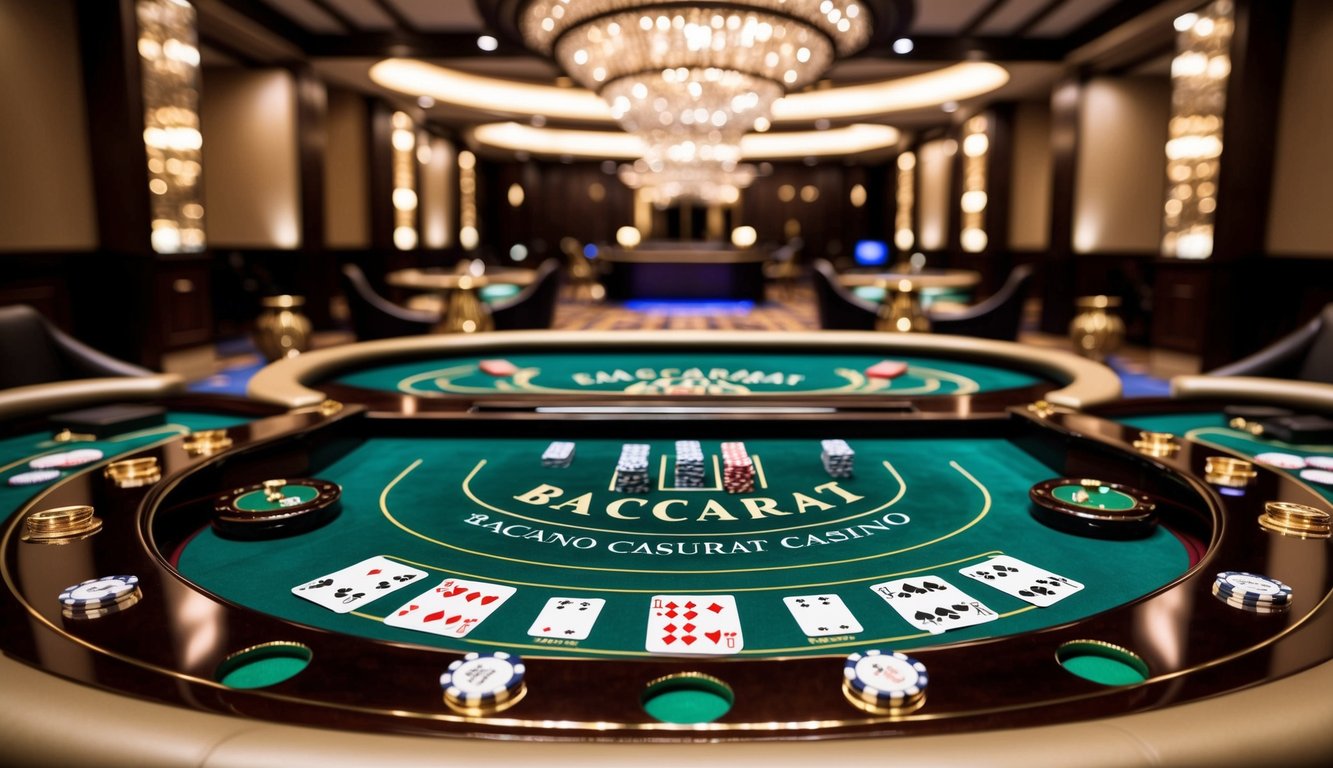 Sebuah meja kasino mewah dengan pengaturan baccarat yang ramping, termasuk kartu dan chip, dikelilingi oleh pencahayaan yang elegan dan dekorasi yang mewah